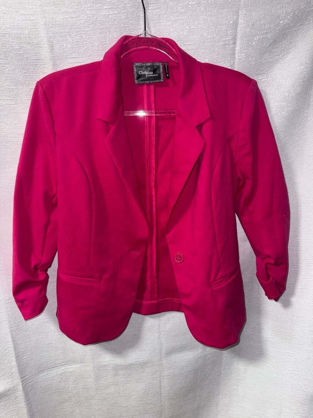Christian Siriano New York Hot Pink Ruched Sleeve One Button Blazer Jacket Sz S